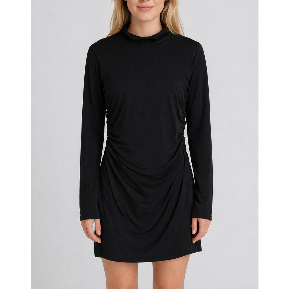 WAYF Ruched Mini Dress Womens M Black‎ Long Sleeve Mock Tie Back Cocktail Date